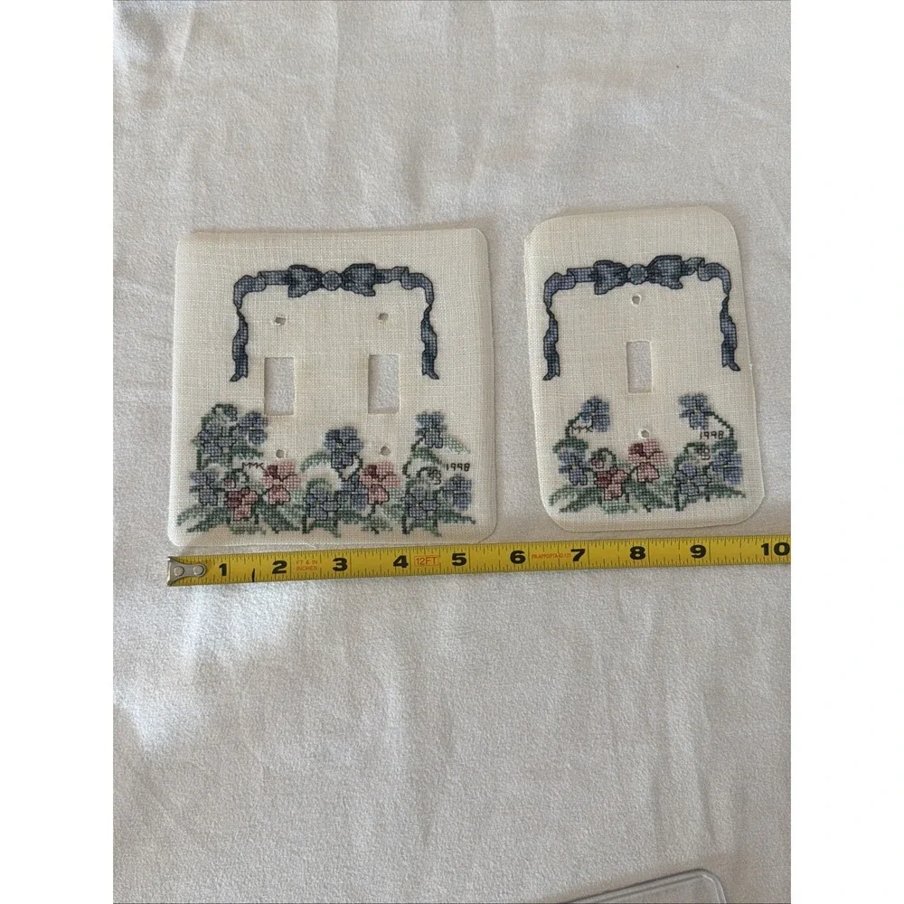 Set of 2 Vintage Needlepoint Switch Plate Covers Blue Flowers Handmade 1998